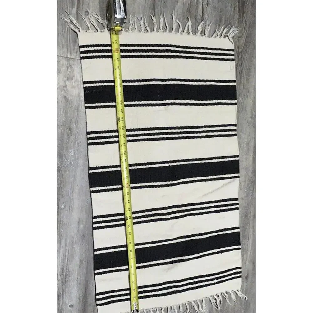 Hand Knotted Striped Cotton Fringe Area Rug Outdoor Throw Rug